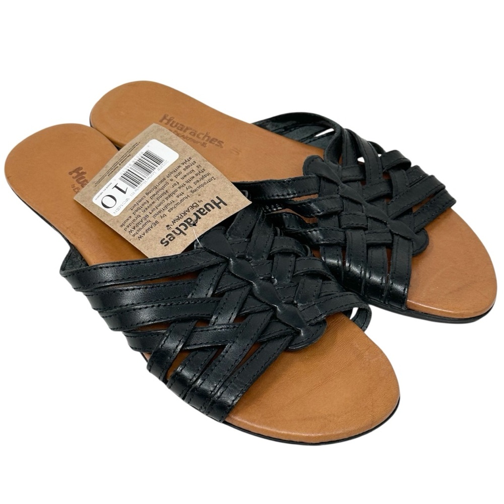 Bearpaw Huaraches Black Leather Slip On Womens Sandals Size 10